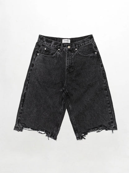 Relaxed distressed denim shorts