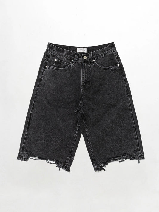 Relaxed distressed denim shorts